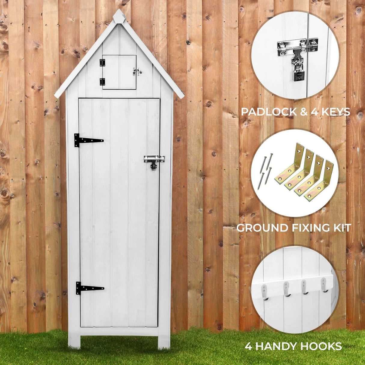 White wooden garden shed with a peaked roof, featuring a padlock, four keys, and four handy hooks against a wooden fence background