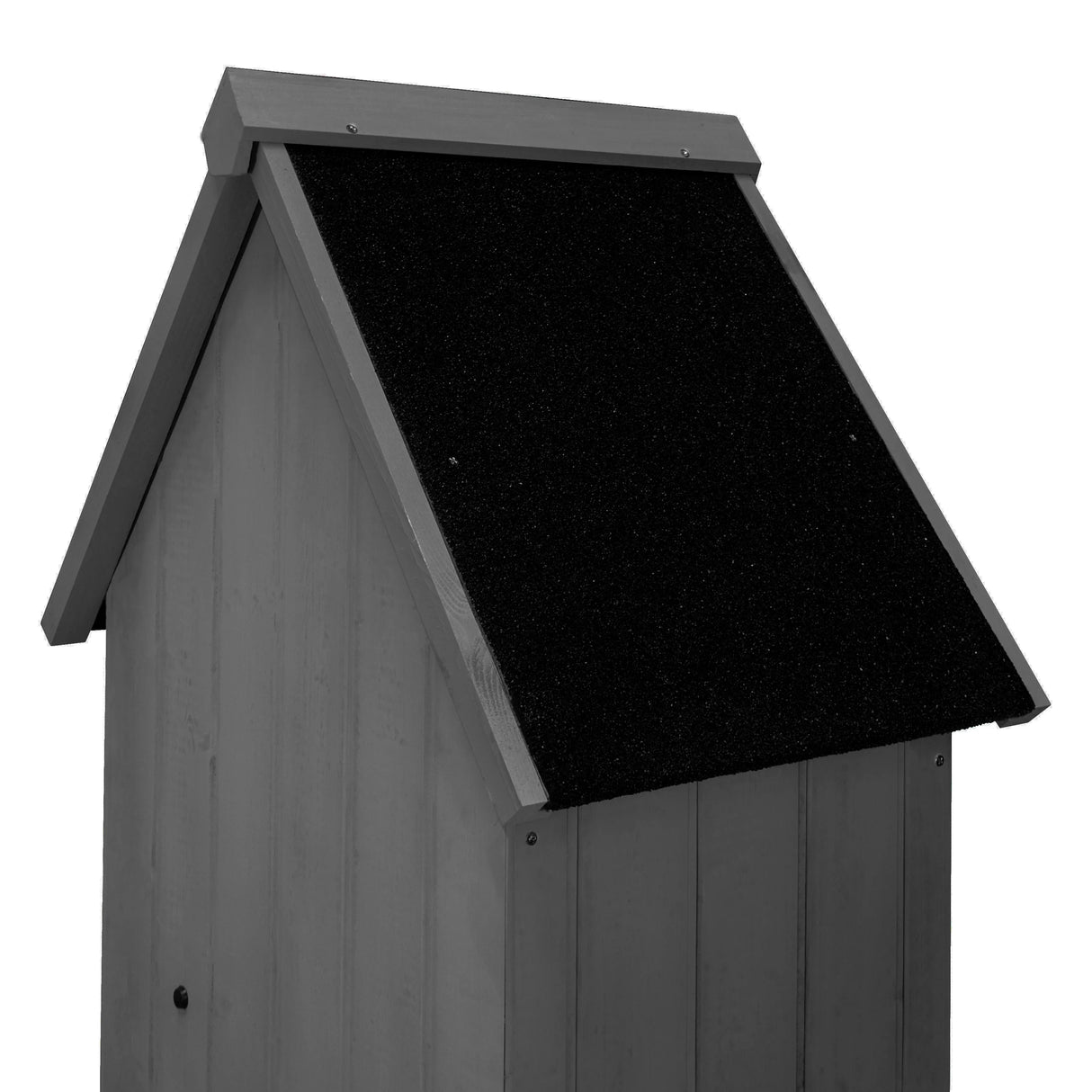 Dark grey wooden garden shed featuring a sloped black roof, showcasing a textured finish and sturdy construction for outdoor use