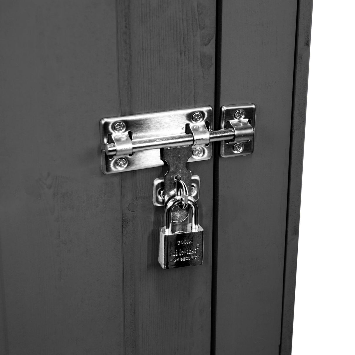 Dark grey wooden garden shed door with a sturdy metal latch and padlock, showcasing a smooth, textured finish and secure design