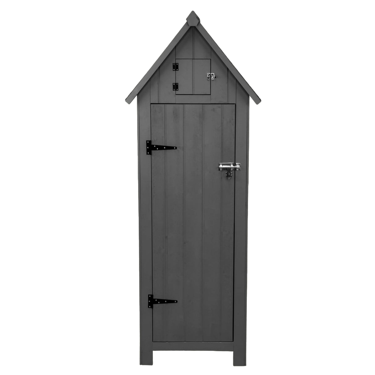 Dark grey wooden garden shed with a peaked roof, double doors, and metal hardware, ideal for outdoor storage solutions