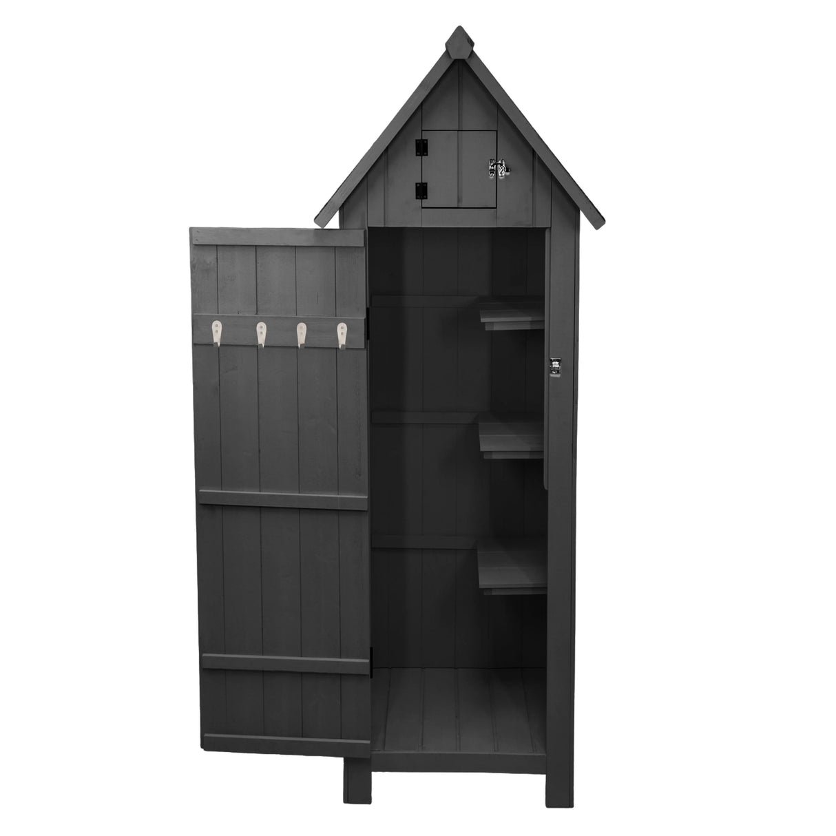 Dark grey wooden garden shed with an open door, featuring five hooks and two interior shelves for storage and organization