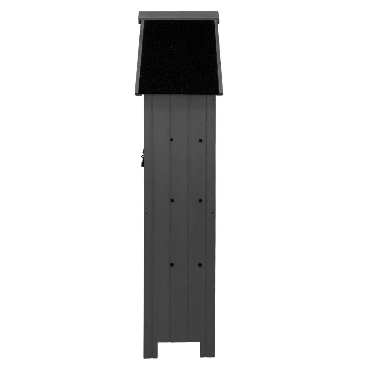 Tall dark grey wooden garden shed with a sloped roof, featuring vertical paneling and a textured finish for durability