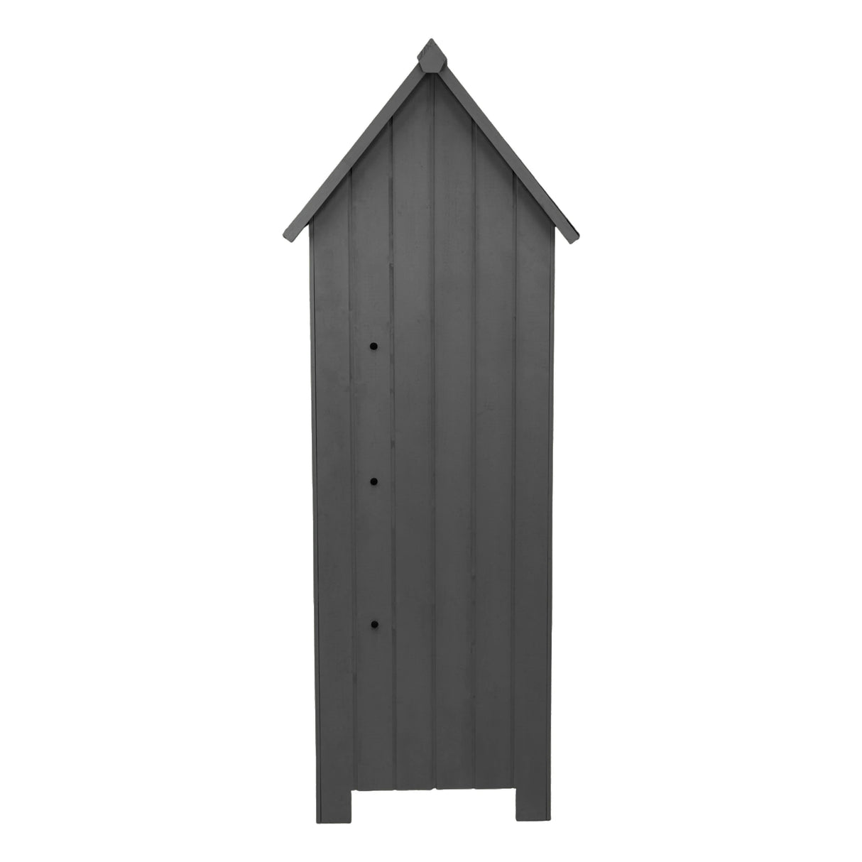 Tall, dark grey wooden garden shed with a sloped roof, vertical paneling, and three circular ventilation holes for airflow