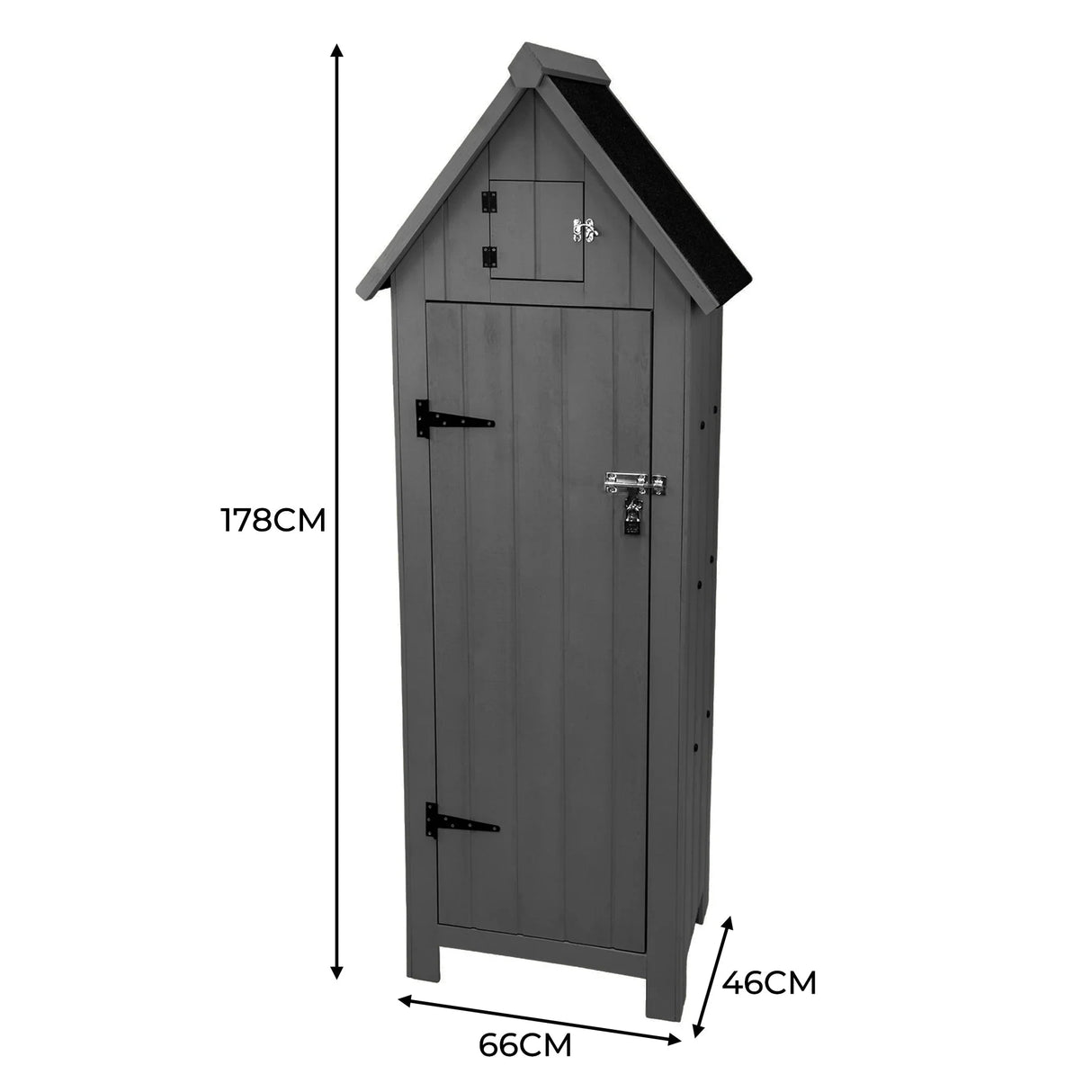 Dark grey wooden garden shed with a sloped roof, vertical paneling, and a small top storage compartment, measuring 178cm tall