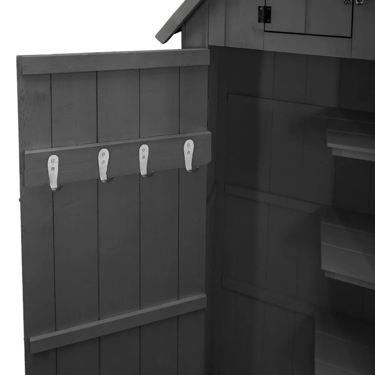 Dark grey wooden garden shed interior featuring four white metal hooks on a side panel and spacious shelving for storage