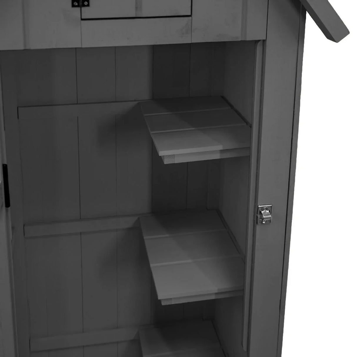 Dark grey wooden garden shed interior featuring three spacious shelves, ideal for storage and organization in outdoor spaces