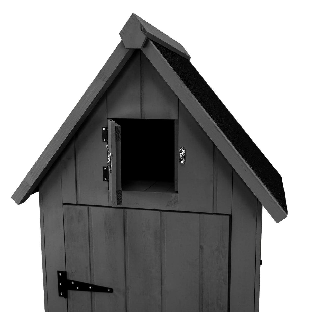 Dark grey wooden garden shed featuring a sloped roof, small window, and sturdy metal hinges for durability and style