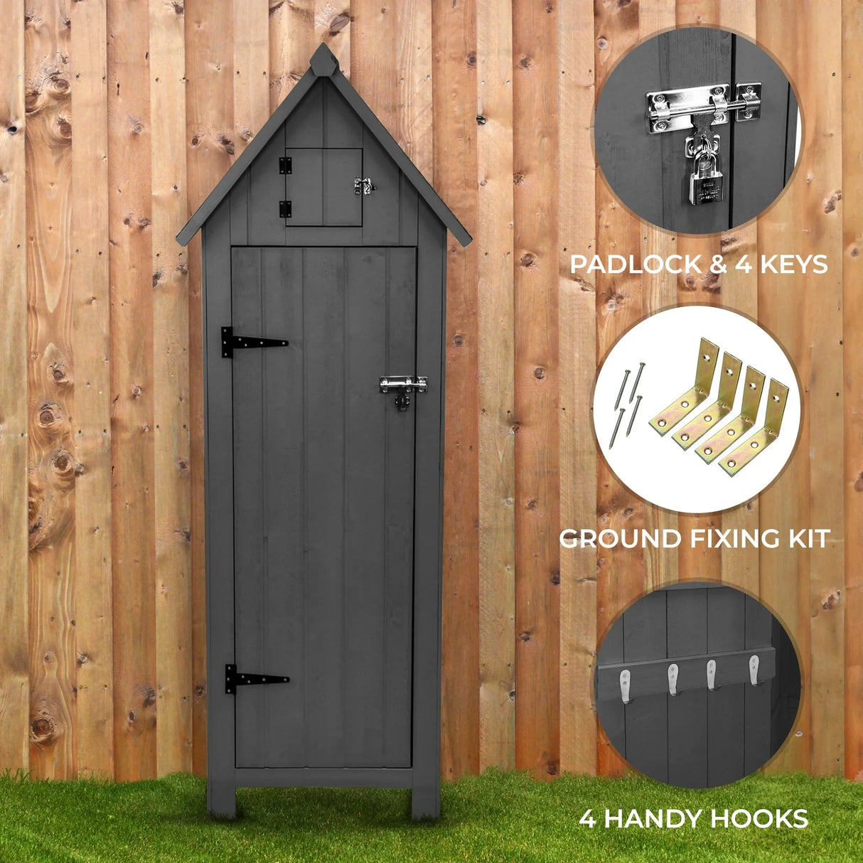 Dark grey wooden garden shed with a peaked roof, featuring a padlock, four hooks, and a ground fixing kit against a wooden fence