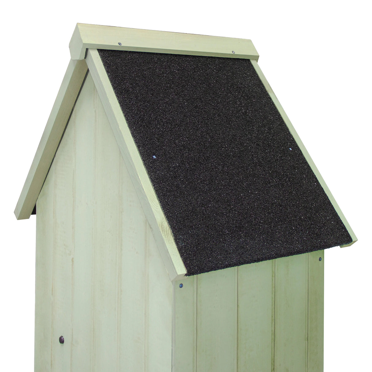 Wooden garden shed in green with a sloped black roof, featuring vertical paneling and a charming, rustic design