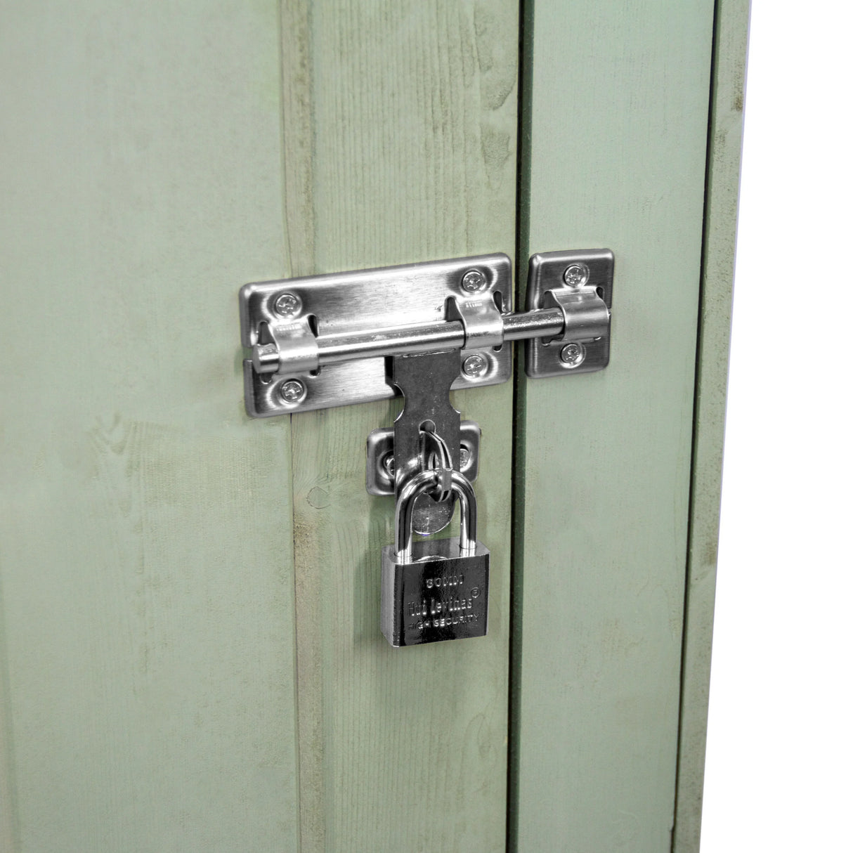 Close-up of a sturdy silver padlock securing the metal latch on a green wooden garden shed door, showcasing its durability and security features