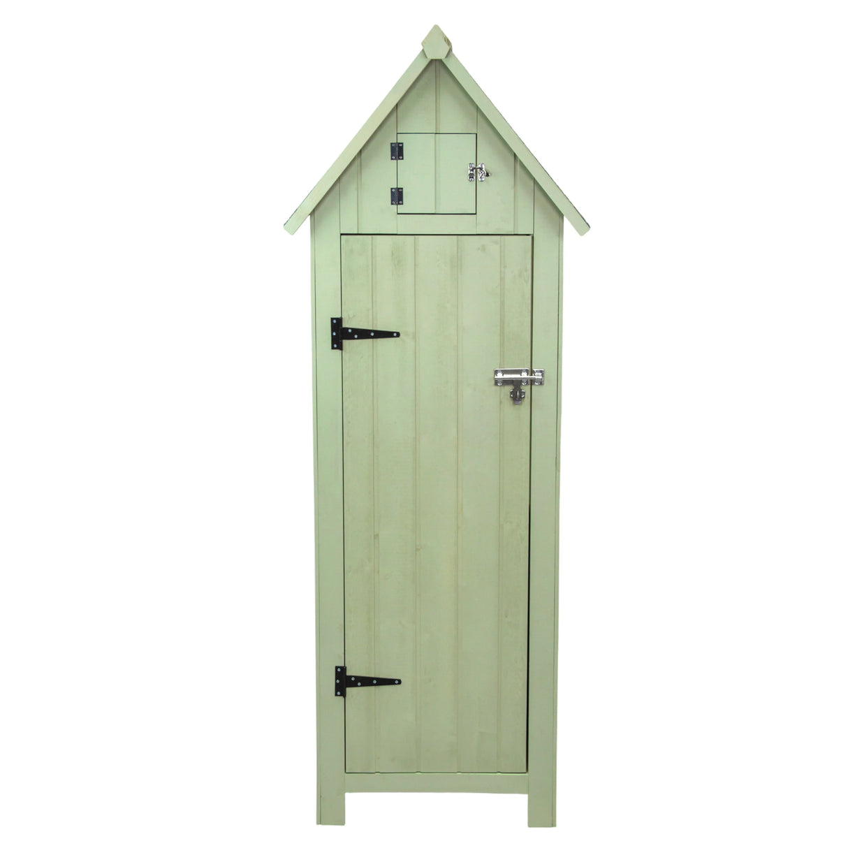 Wooden garden shed in a soft green color, featuring a sloped roof, vertical paneling, and a small upper storage compartment