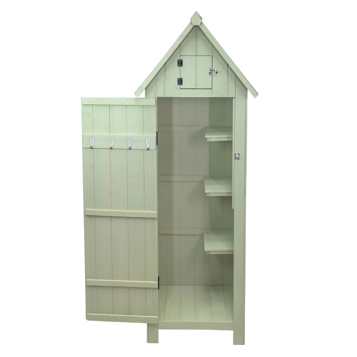 Wooden garden shed in soft green, featuring a peaked roof, double doors, hooks, and interior shelves for organized storage
