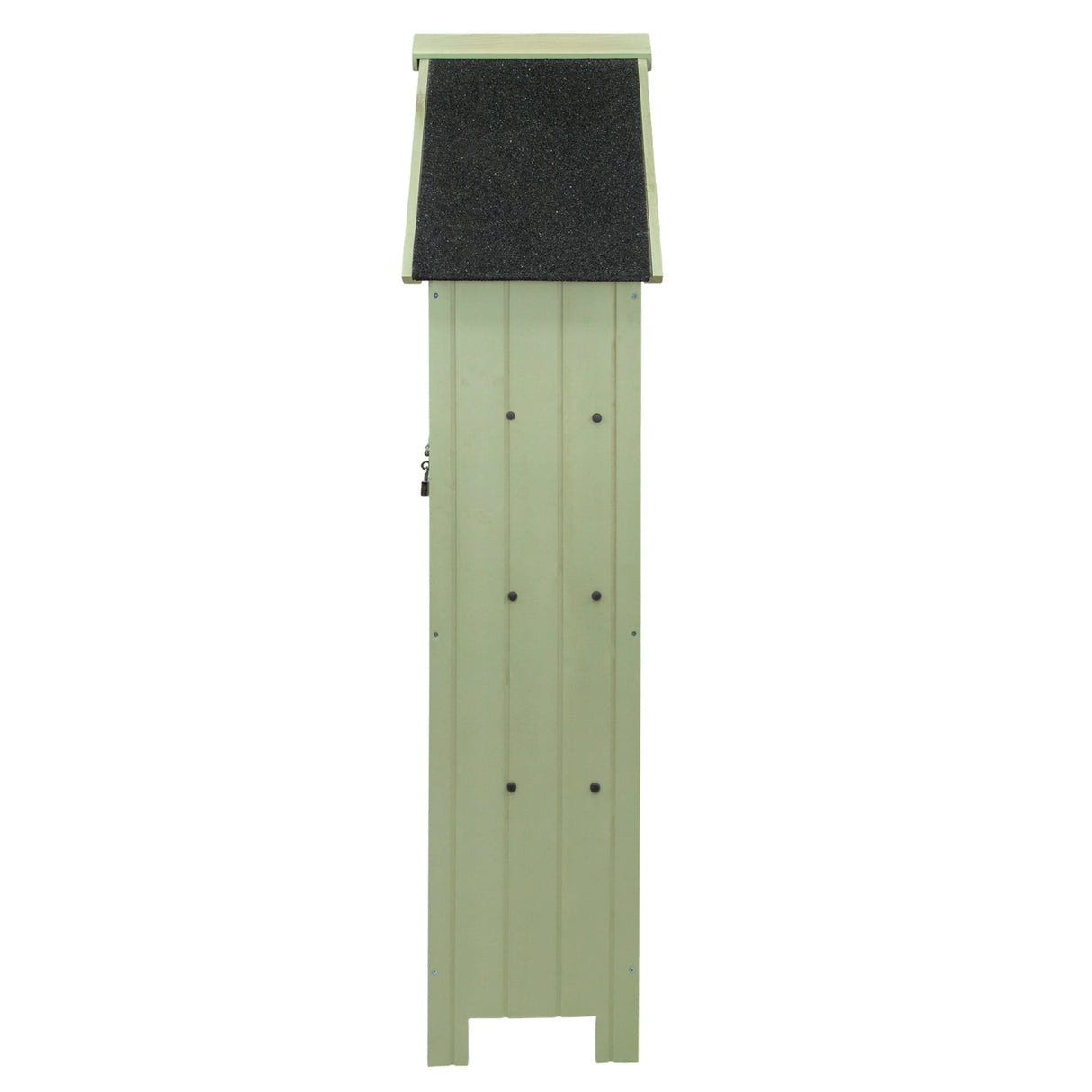Tall green wooden garden shed with a sloped roof, featuring vertical paneling and a textured black roof surface for durability