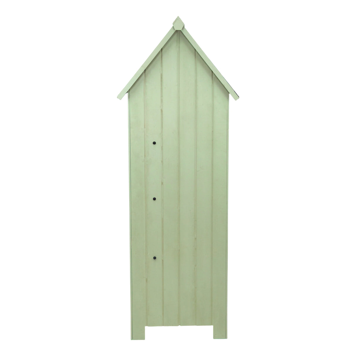 Tall green wooden garden shed with a sloped roof, featuring vertical paneling and three black door knobs for easy access