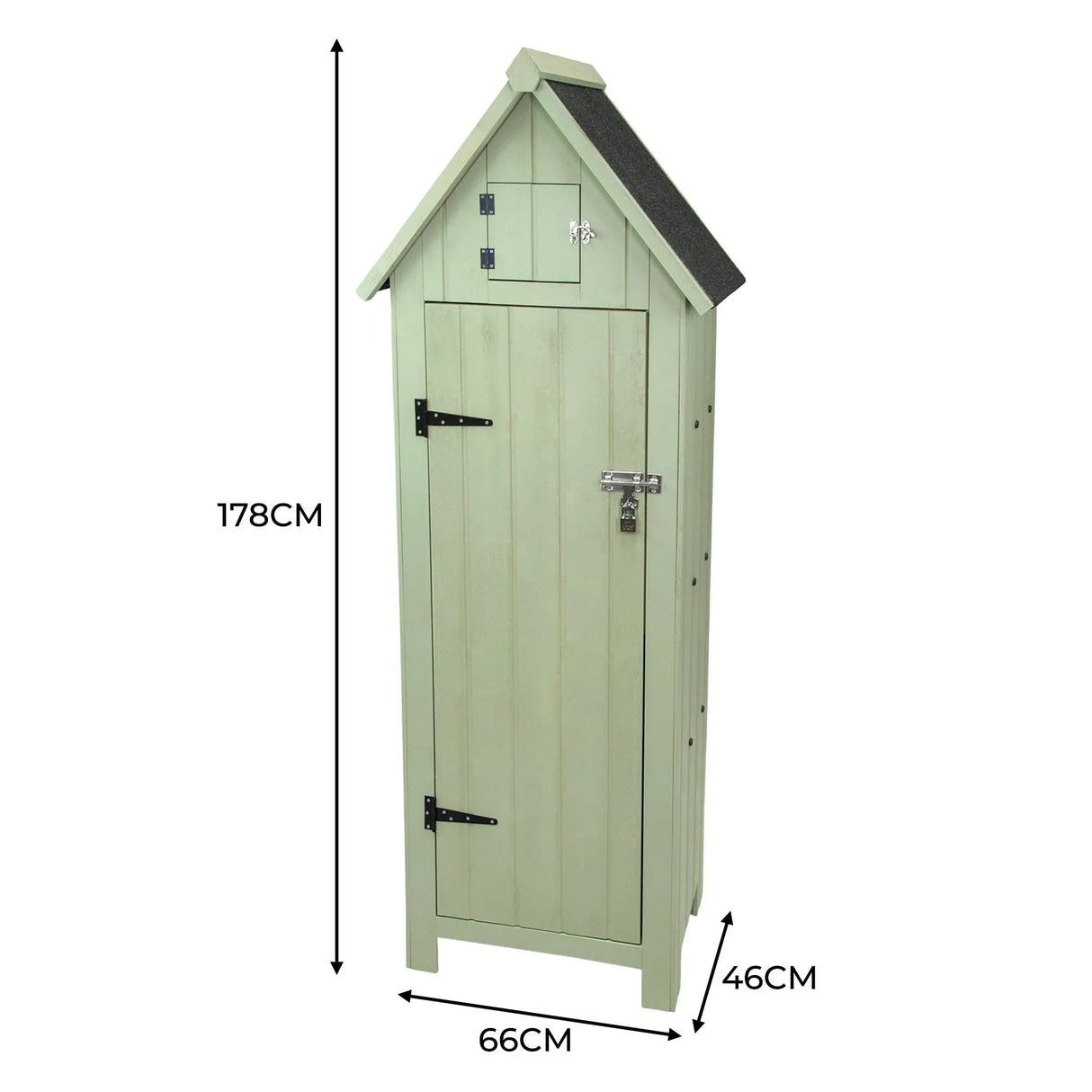 Tall green wooden garden shed with a sloped roof, featuring a lockable door, small top storage, and rustic wooden texture