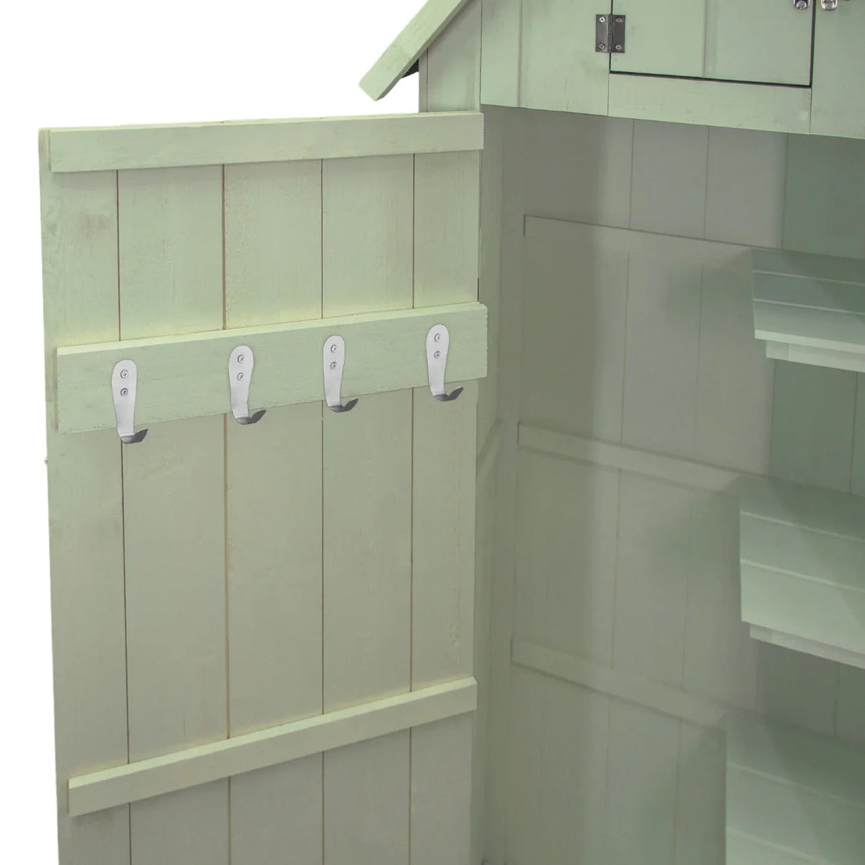 Wooden garden shed in green with a textured finish, featuring three metal hooks on the door and spacious interior shelving