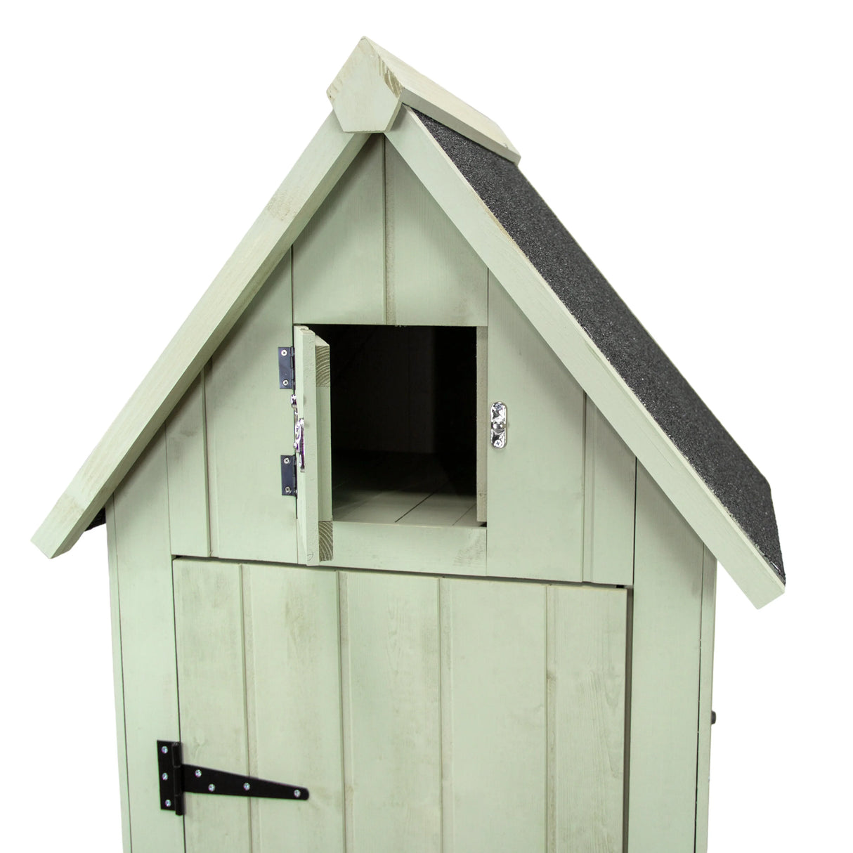 Wooden garden shed in soft green with a sloped roof, featuring a small window and sturdy metal latch for secure storage