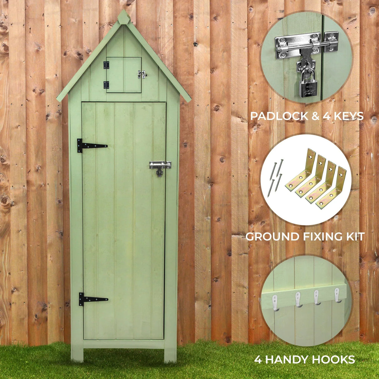 Wooden garden shed in green with a peaked roof, padlock, four keys, and four handy hooks, set against a wooden fence background