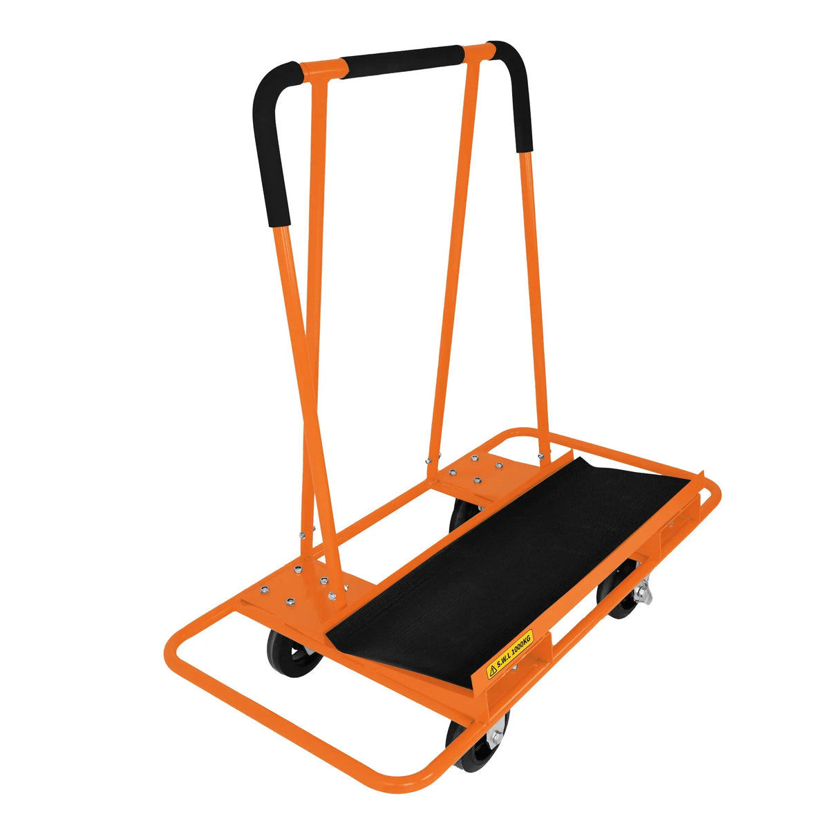Heavy-duty orange drywall cart with rubberized surface, sturdy metal frame, and four durable wheels for easy transport of plasterboard