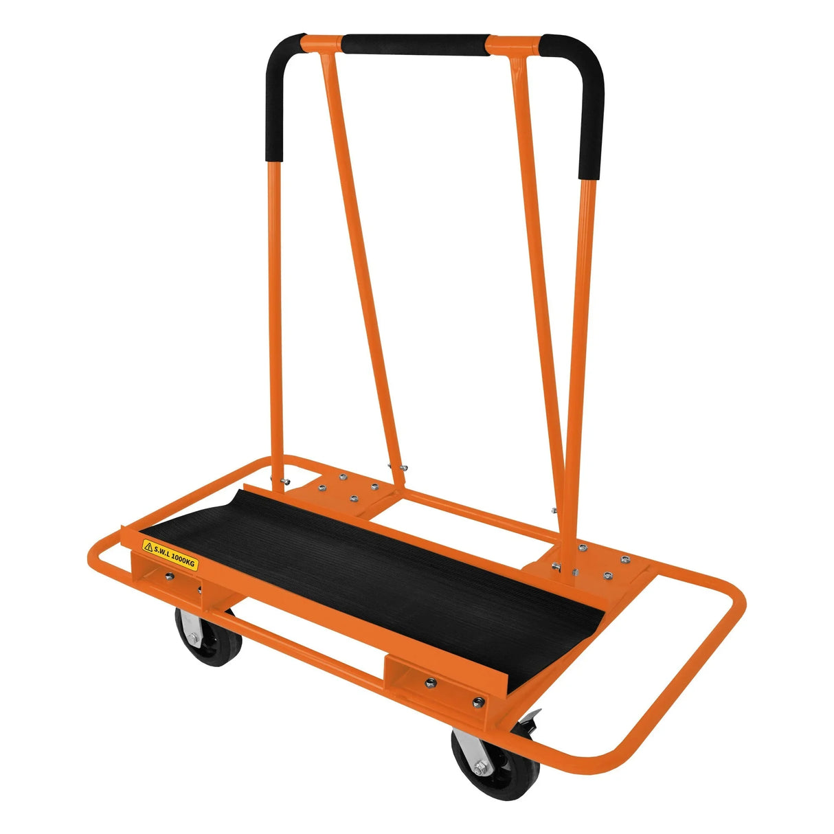 Durable orange drywall cart with a sturdy black platform and two wheels, designed for easy transport of plasterboard and materials