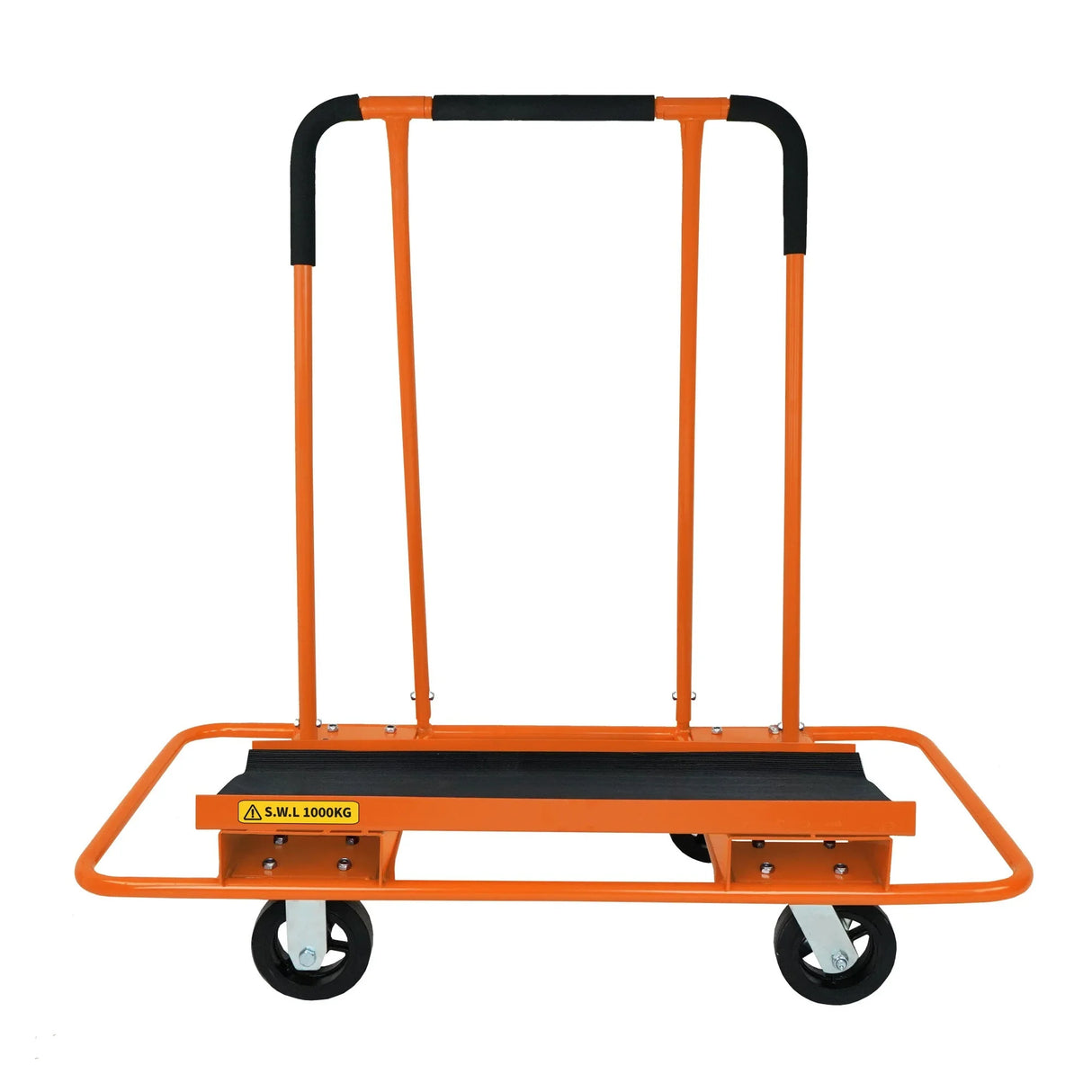 Heavy-duty orange drywall cart with a sturdy metal frame, rubber grip handles, and smooth-rolling wheels for easy transport