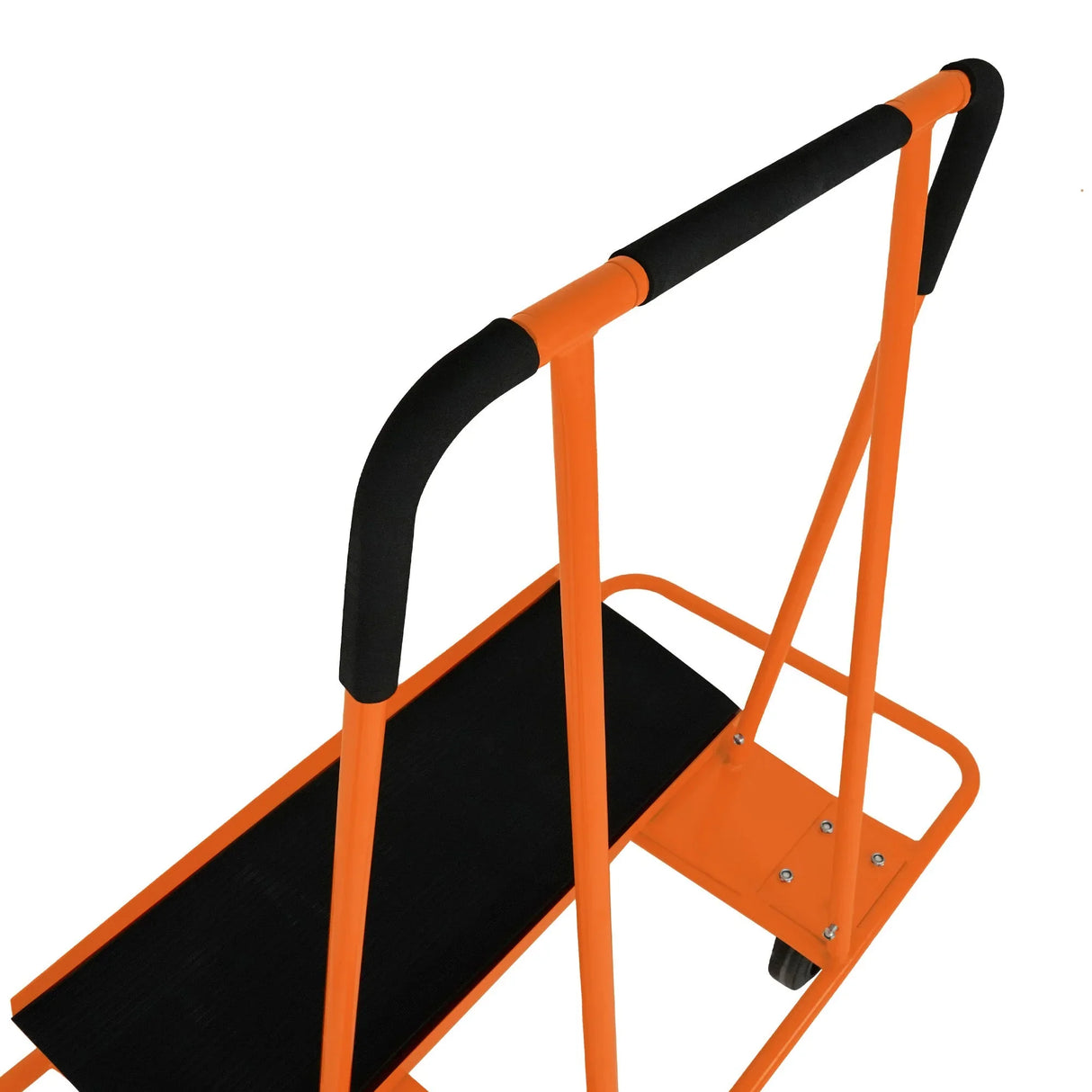 Durable orange drywall cart with a textured black platform and padded handles for easy transport of plasterboard sheets