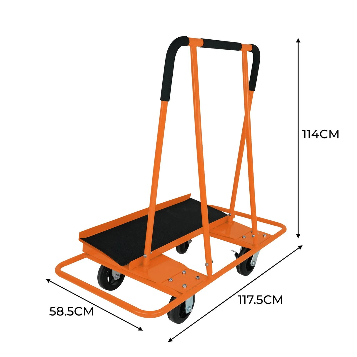 Dry wall cart plasterboard trolley with sturdy orange metal frame, black rubber grip handles, and four durable wheels for easy maneuverability