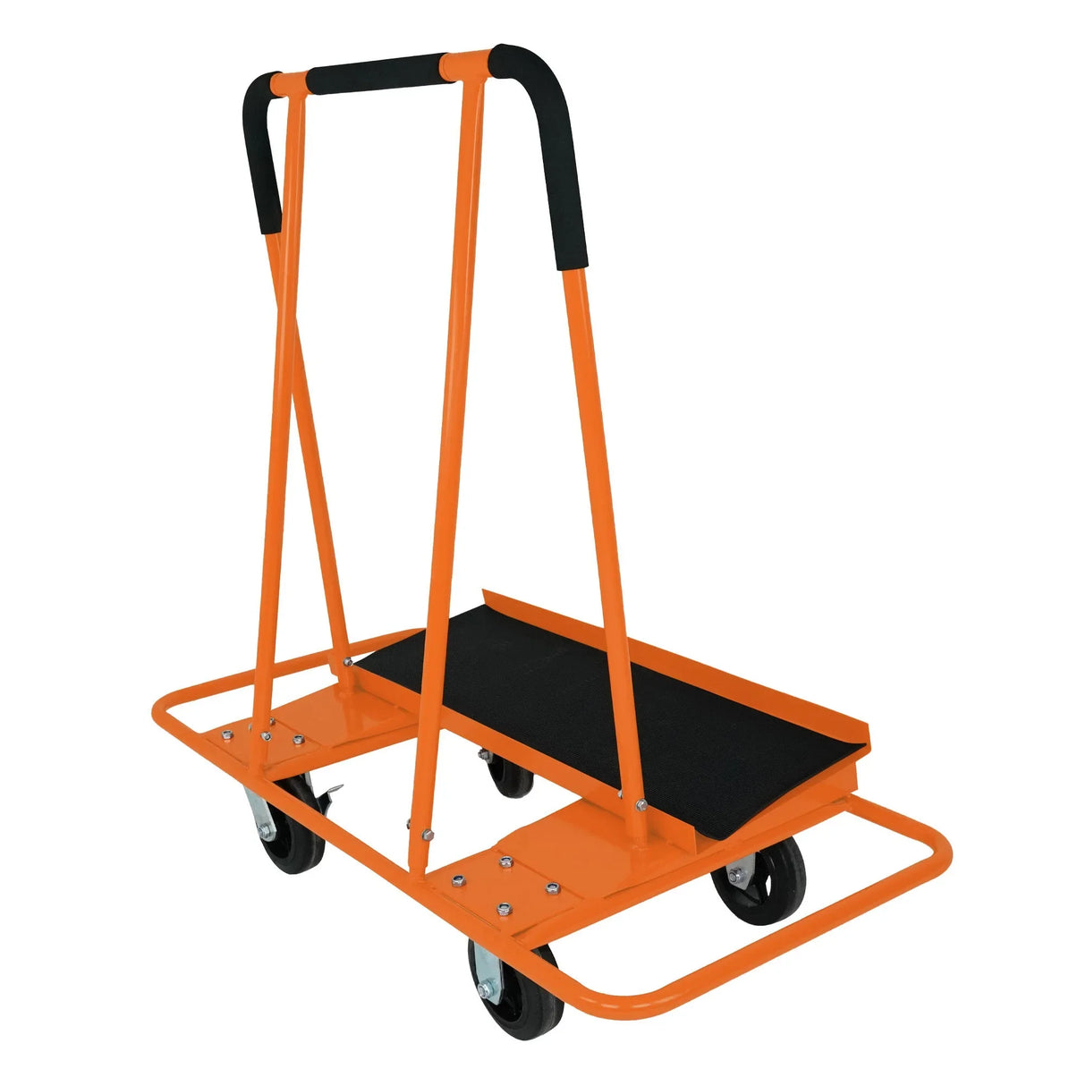 Heavy-duty orange drywall cart with a sturdy black rubber surface, two large wheels for easy maneuverability, and ergonomic handles
