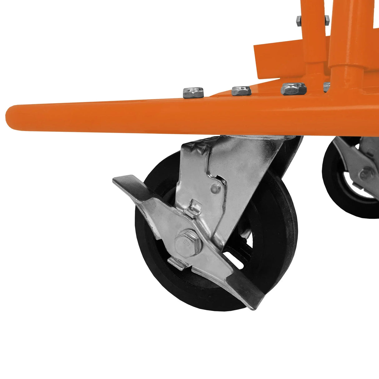Close-up of the Dry Wall Cart's sturdy orange frame and durable rubber wheels, designed for easy maneuverability and stability