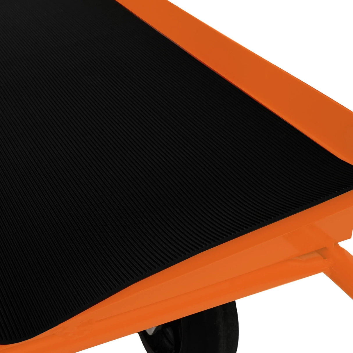 Dry wall cart featuring a sturdy orange frame, textured black rubber surface for grip, and durable wheels for easy mobility