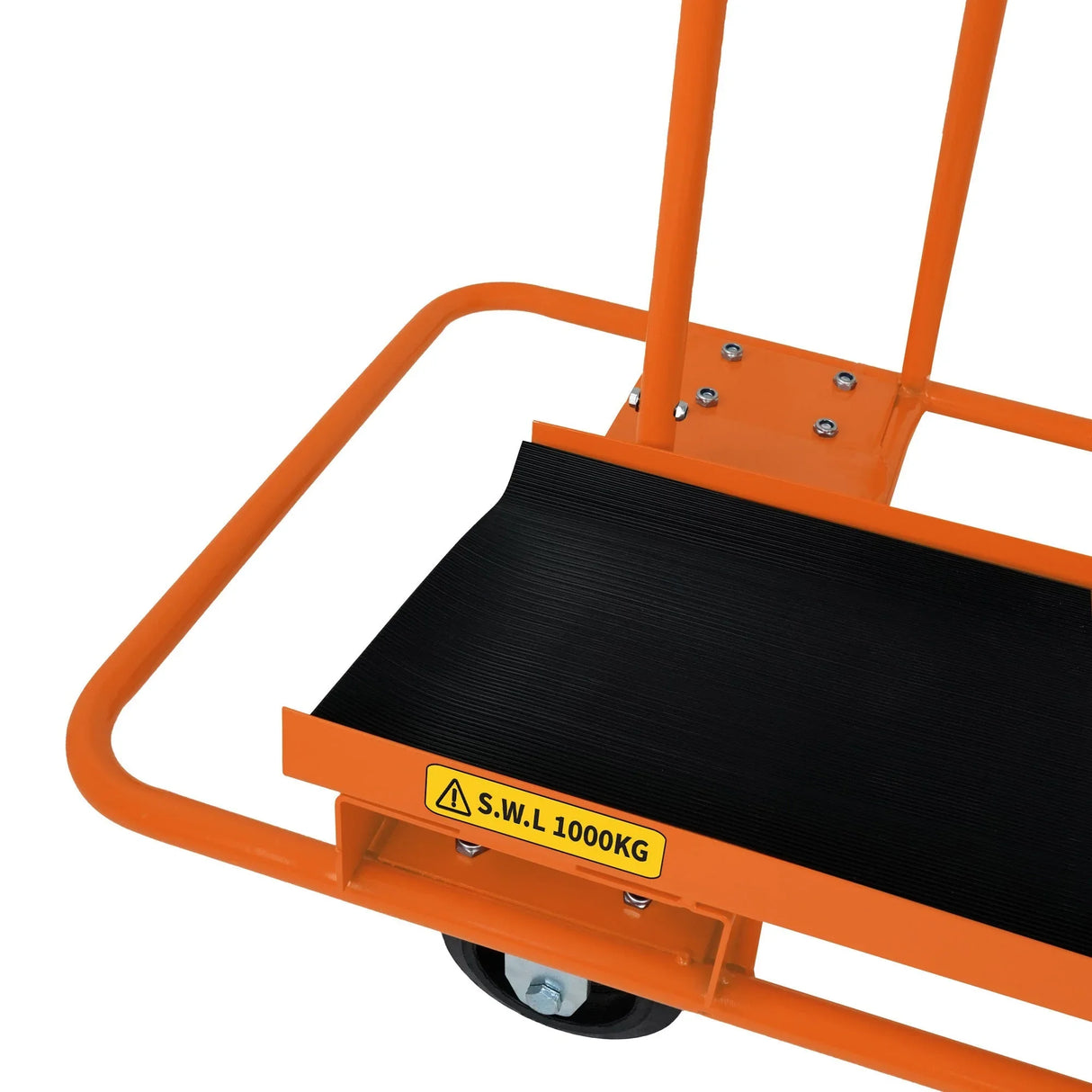 Durable orange dry wall cart with a textured black rubber surface, designed for transporting plasterboard, supports up to 1000kg