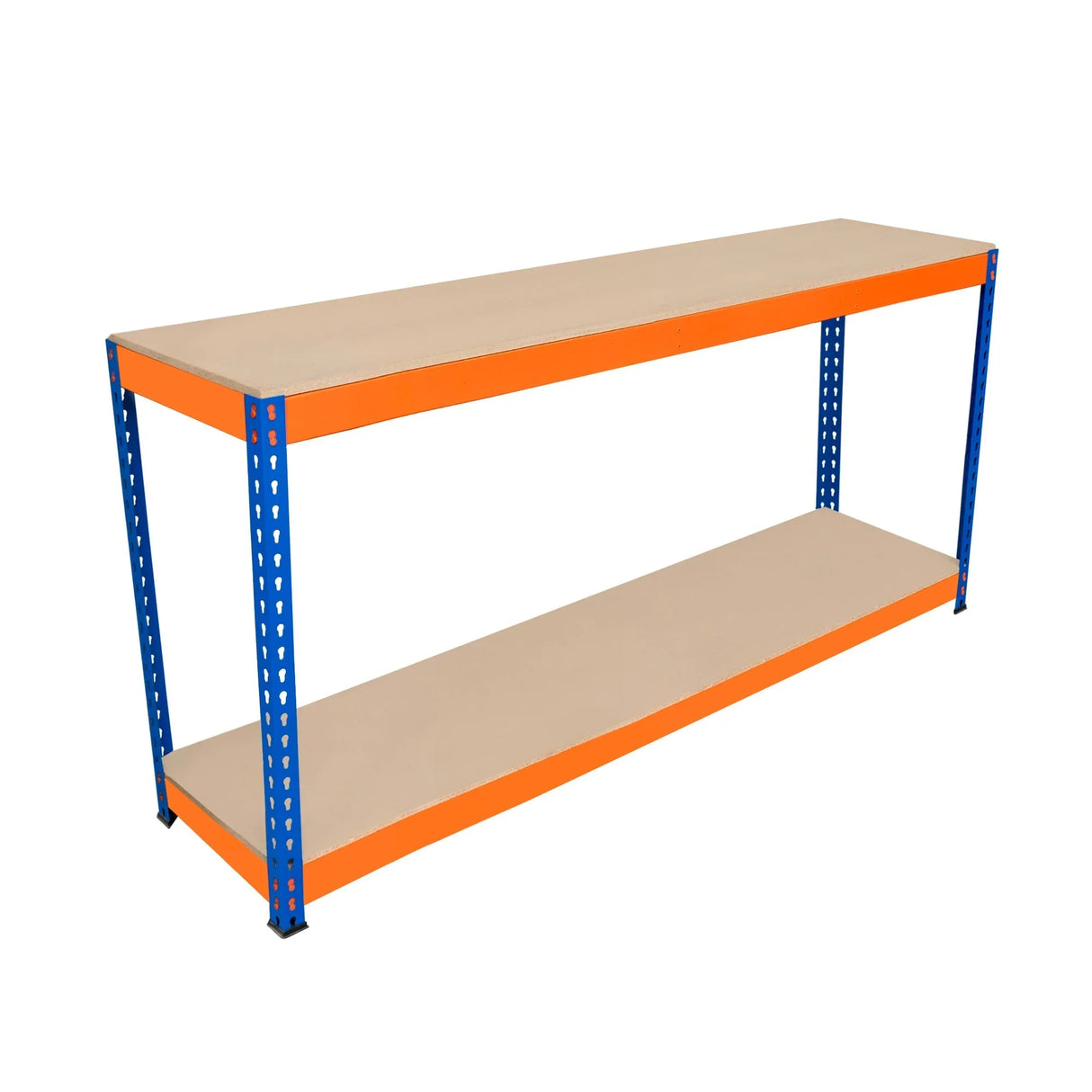 S-Rax 2 Tier Workbench with sturdy blue metal frame and orange accents, featuring two spacious beige shelves for versatile storage