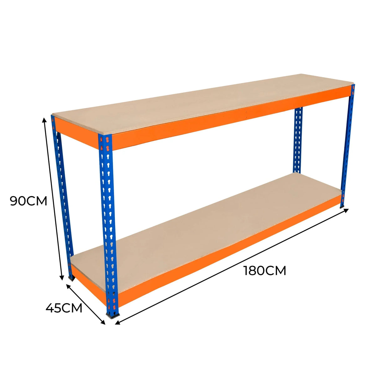 S-Rax 2 Tier Workbench featuring a sturdy blue metal frame with orange accents and a smooth beige surface, measuring 180cm x 45cm x 90cm