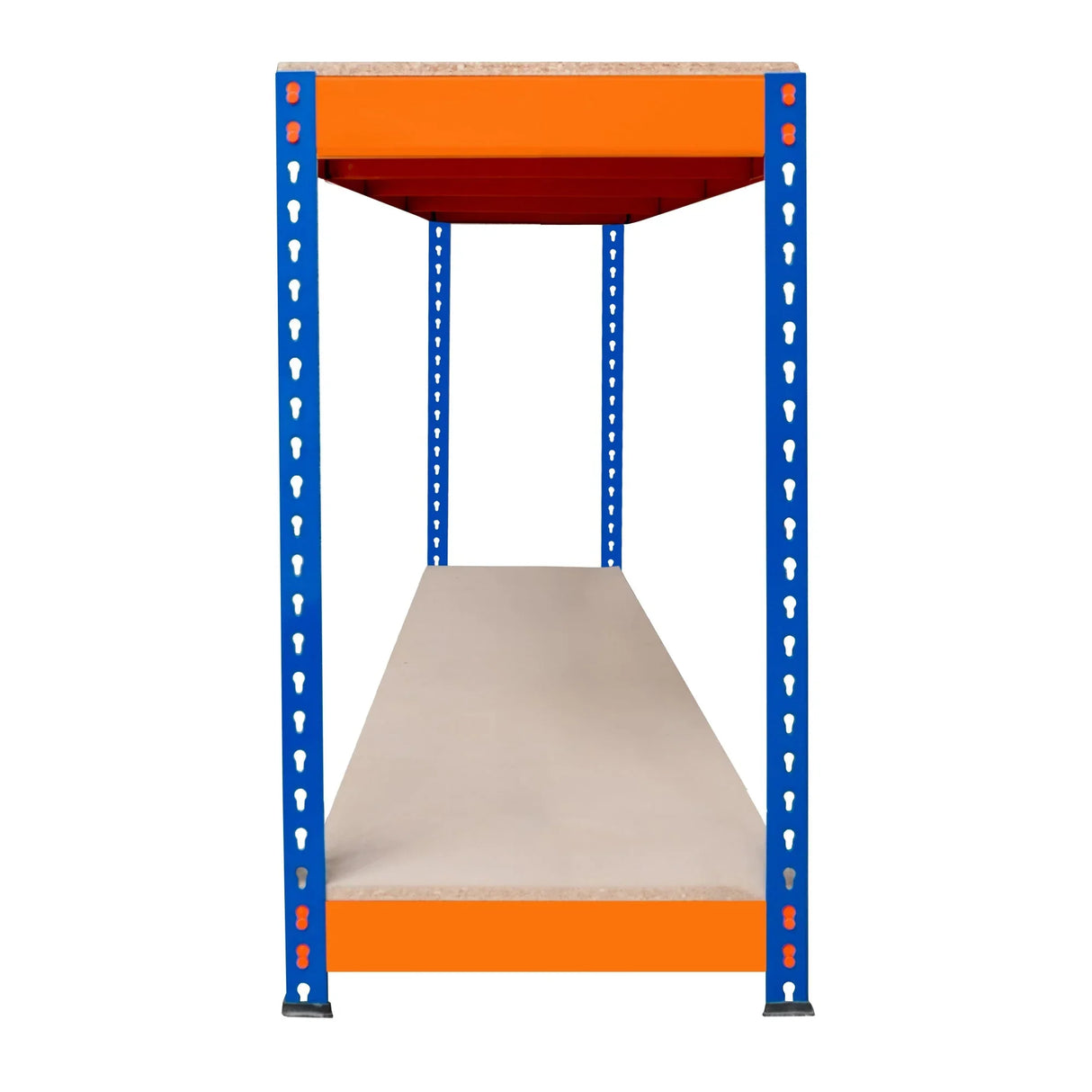 S-Rax 2 Tier Workbench with a sturdy orange top and blue metal frame, measuring 180cm x 45cm x 90cm, ideal for workspace organization