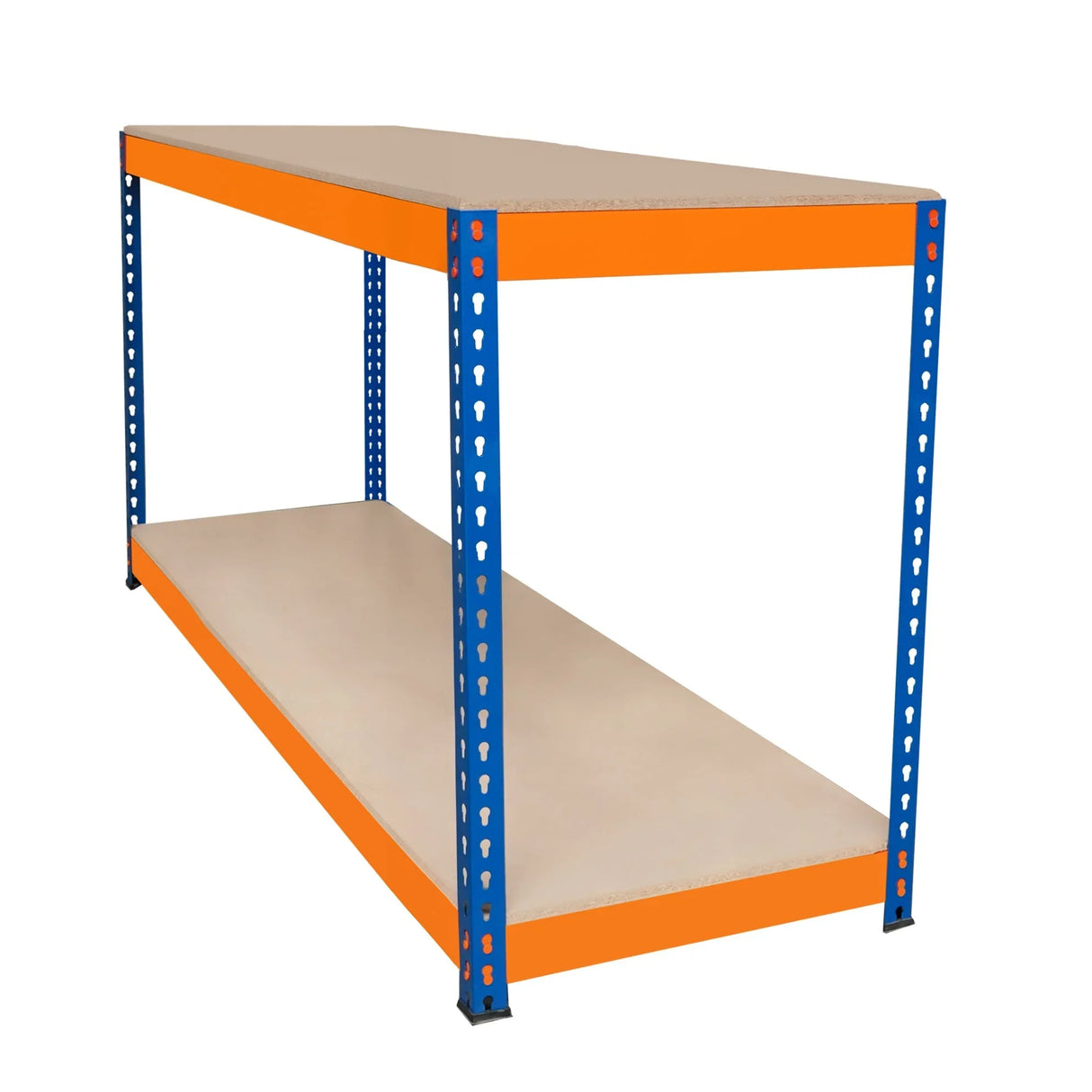 S-Rax 2 Tier Workbench featuring a sturdy orange and blue metal frame with a smooth beige surface, ideal for workspace organization