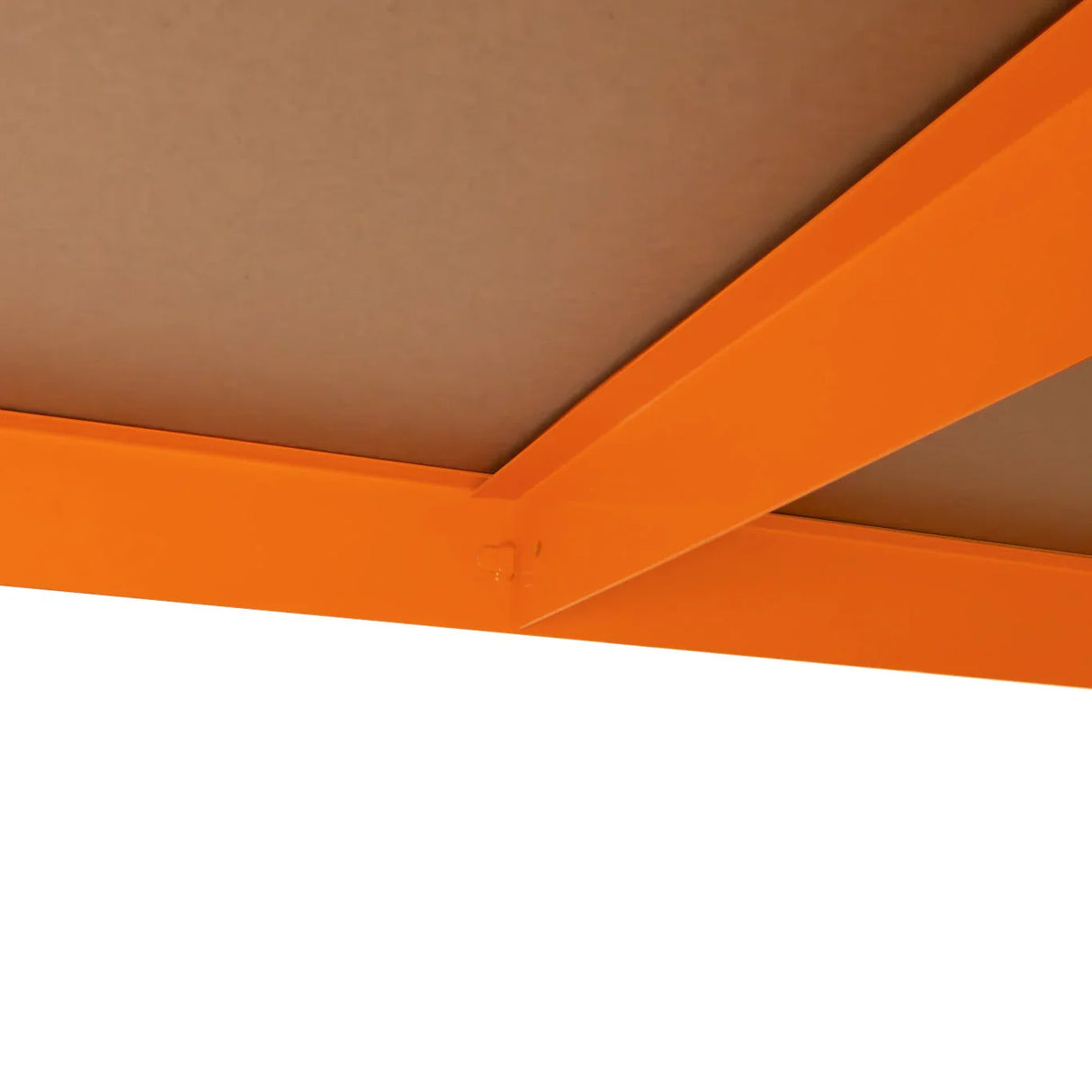 Close-up of the sturdy orange metal frame and smooth surface of the S-Rax 2 Tier Workbench, showcasing its robust construction