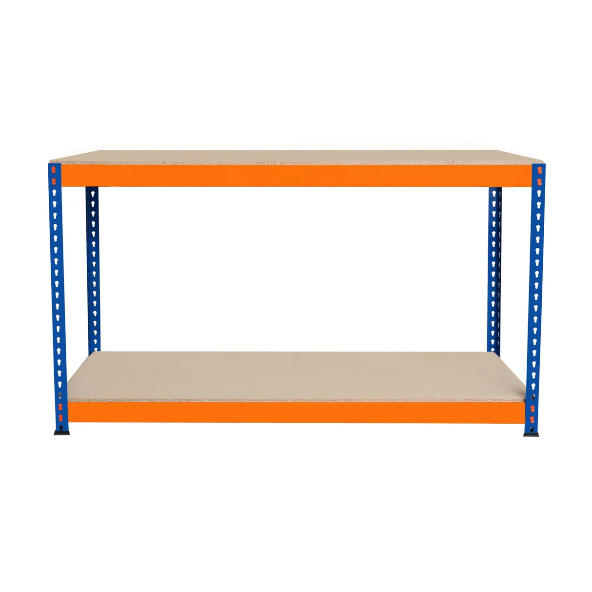 S-Rax 2 Tier Workbench with a sturdy blue metal frame and orange accents, featuring two spacious beige shelves for versatile storage