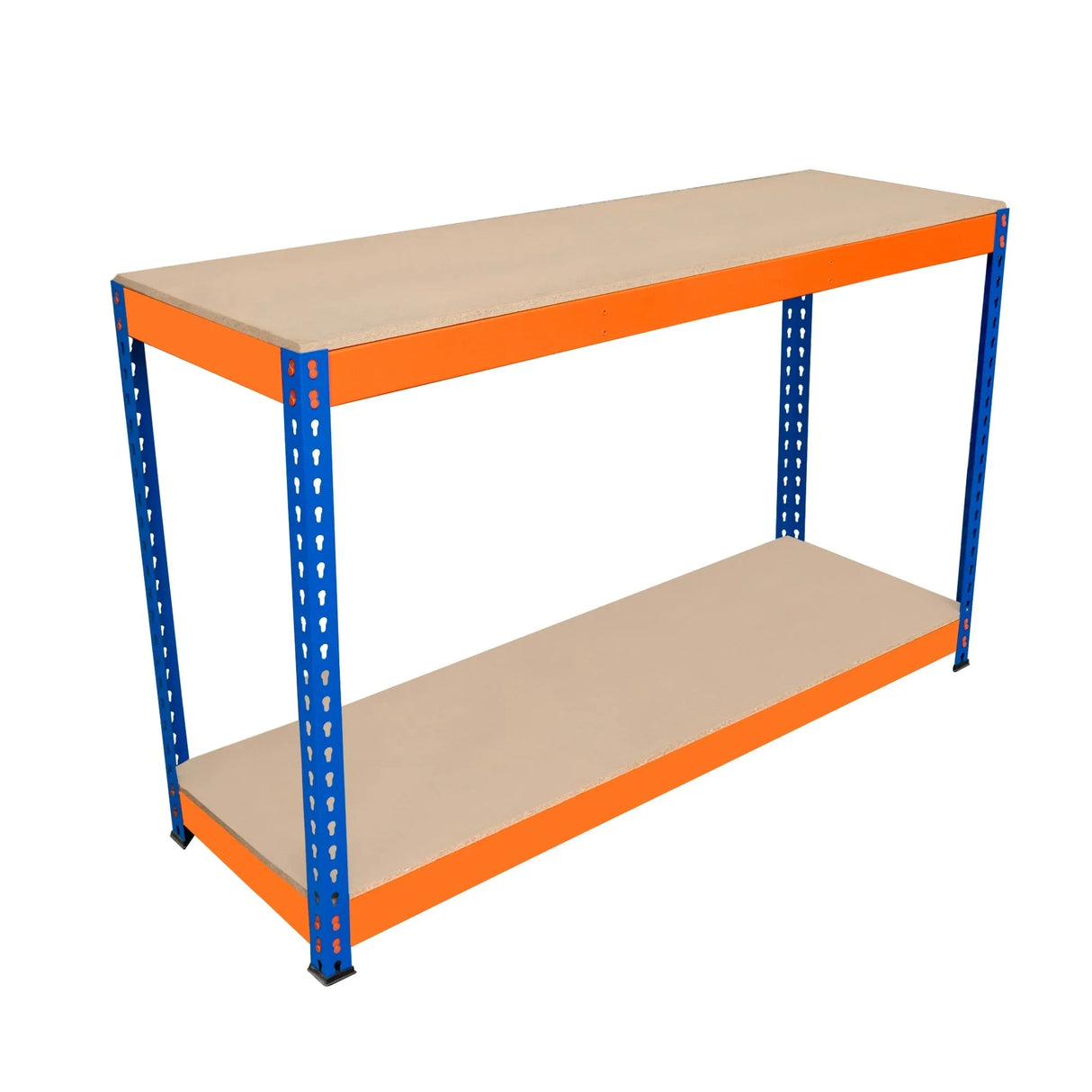S-Rax 2 Tier Workbench featuring a sturdy orange metal frame and smooth beige surfaces, measuring 150cm x 45cm x 90cm