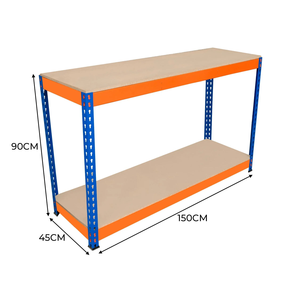 S-Rax 2 Tier Workbench with blue metal frame and beige wooden top, measuring 150cm x 45cm x 90cm, ideal for workshops