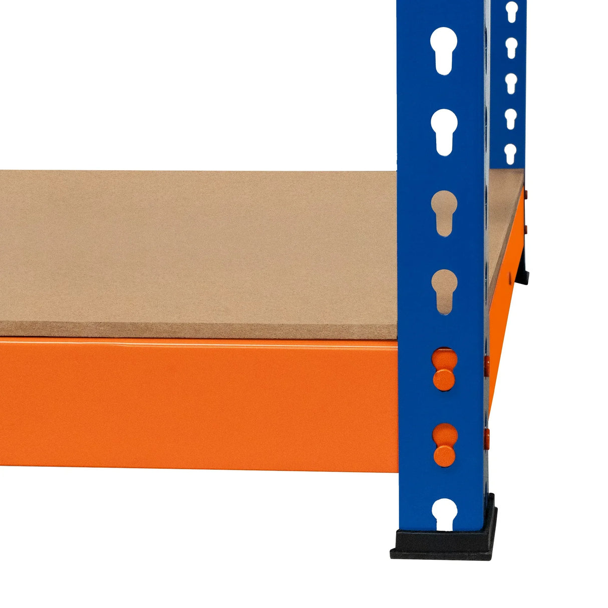 Blue and orange S-Rax 2 Tier Workbench with sturdy metal frame, featuring a smooth MDF top and adjustable height options
