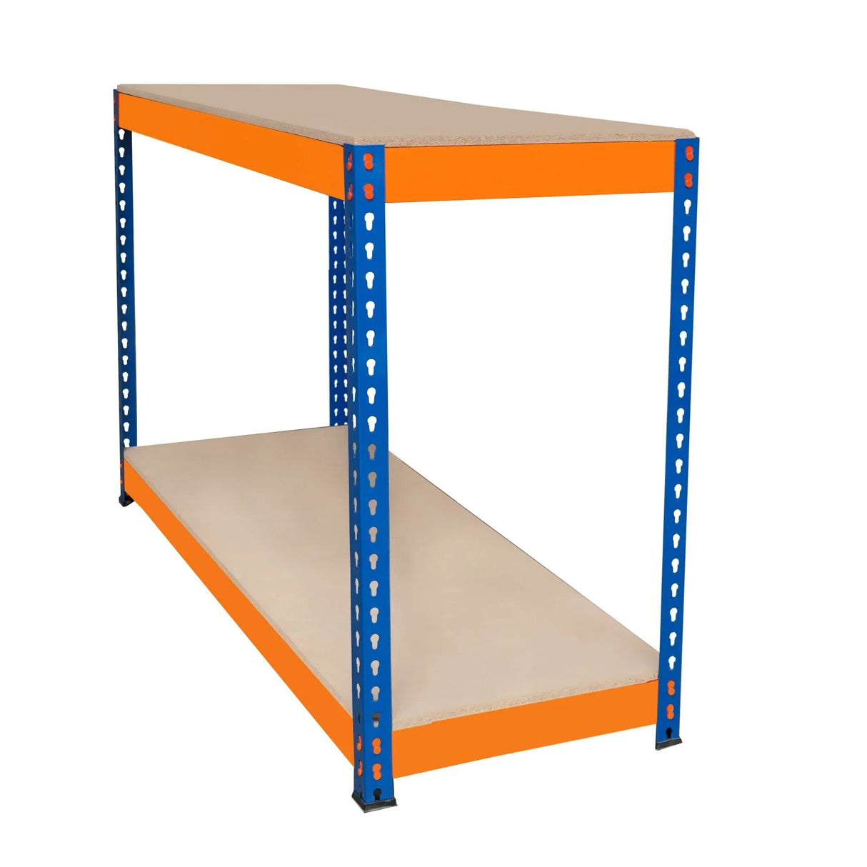 S-Rax 2 Tier Workbench with a sturdy orange frame and beige shelves, measuring 150cm x 45cm x 90cm, ideal for workspace organization
