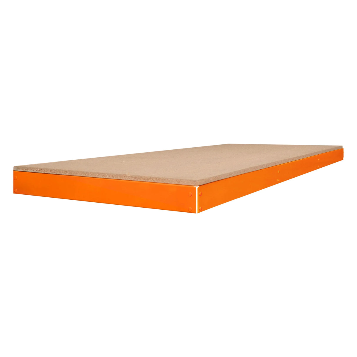 S-Rax workbench additional shelf in orange and natural wood finish, measuring 180cm x 60cm, designed for sturdy storage solutions