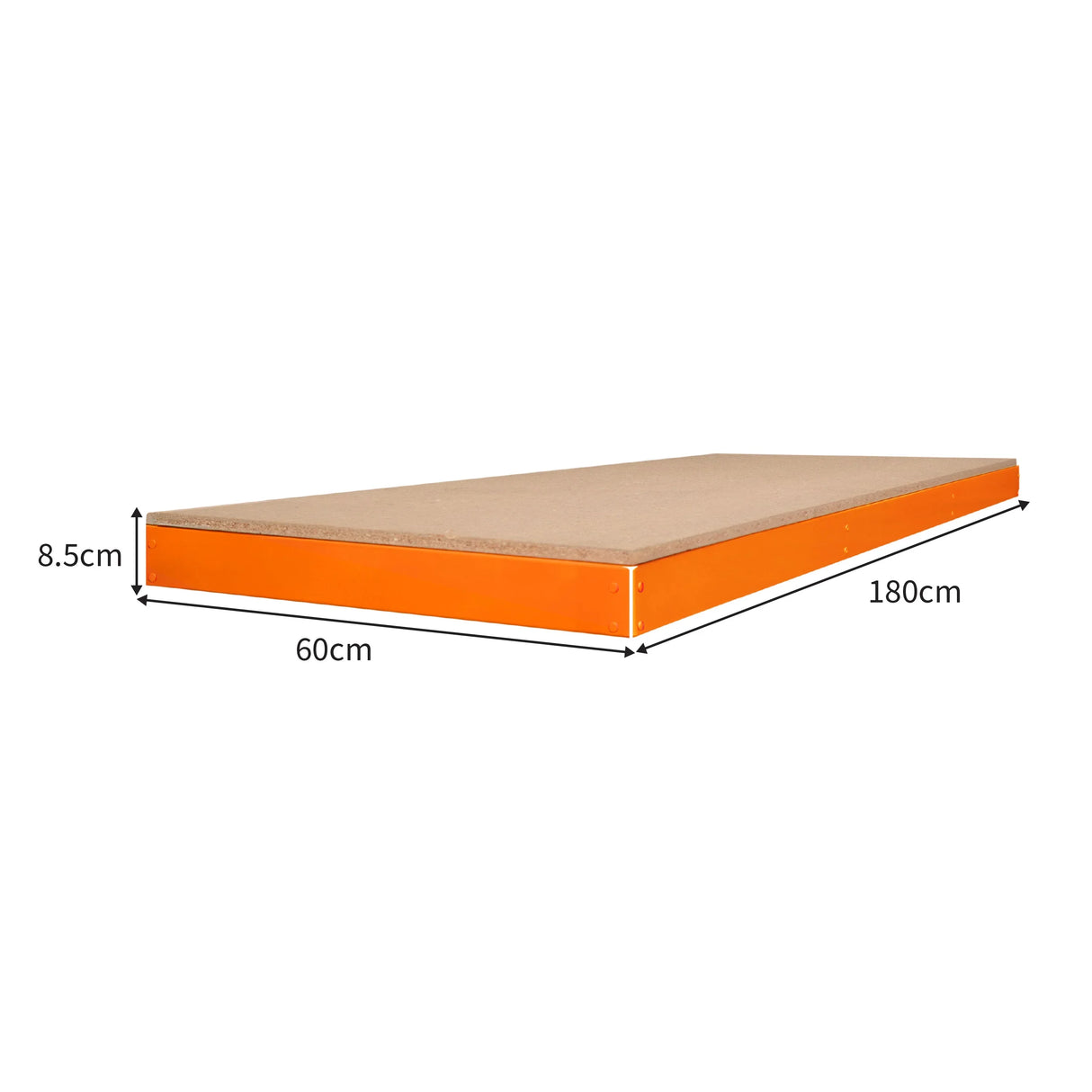 S-Rax workbench additional shelf in orange, measuring 180cm x 60cm, with a sturdy, smooth surface and 8.5cm height for extra storage