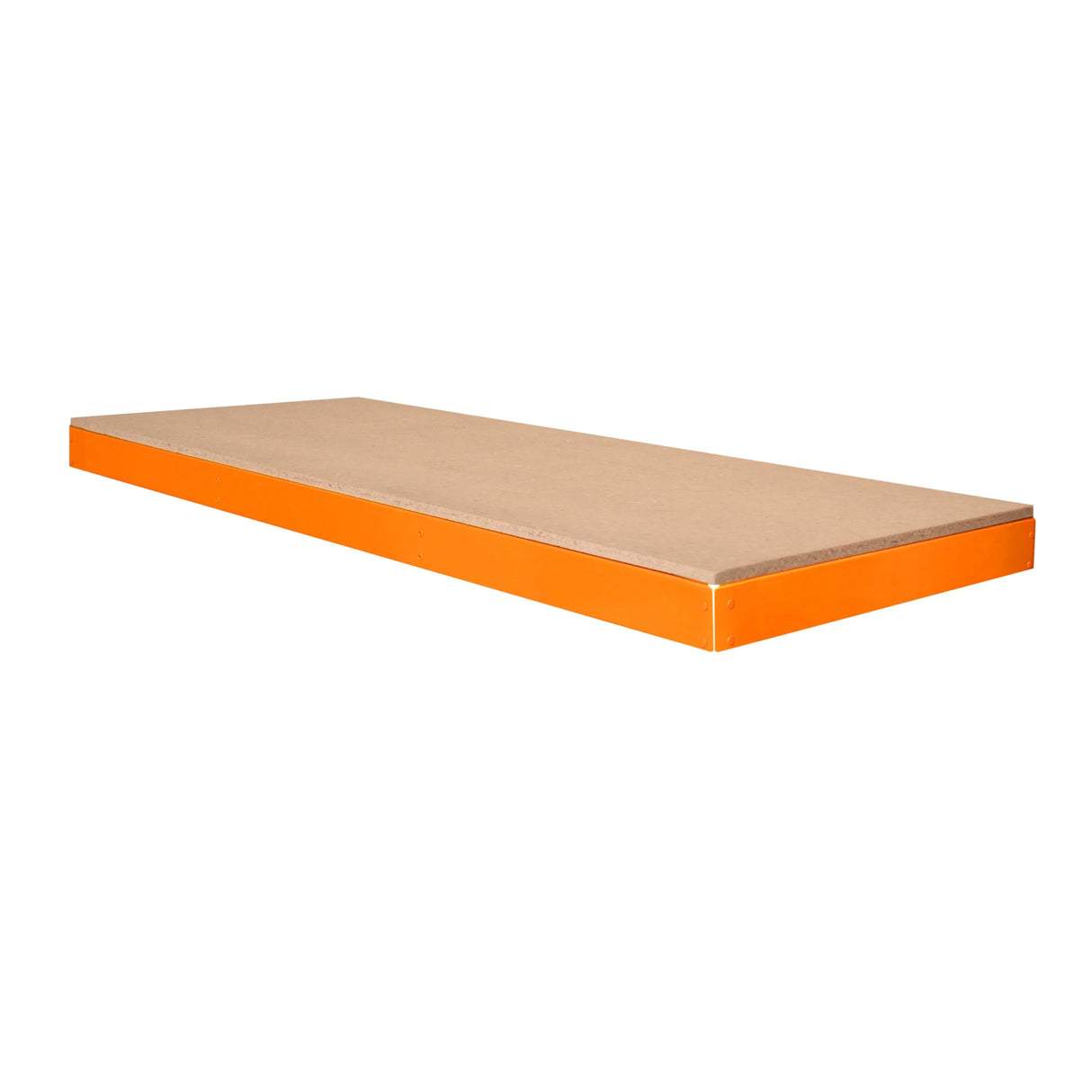 S-Rax workbench additional shelf in orange and natural wood finish, measuring 150cm x 60cm, featuring a smooth, sturdy surface