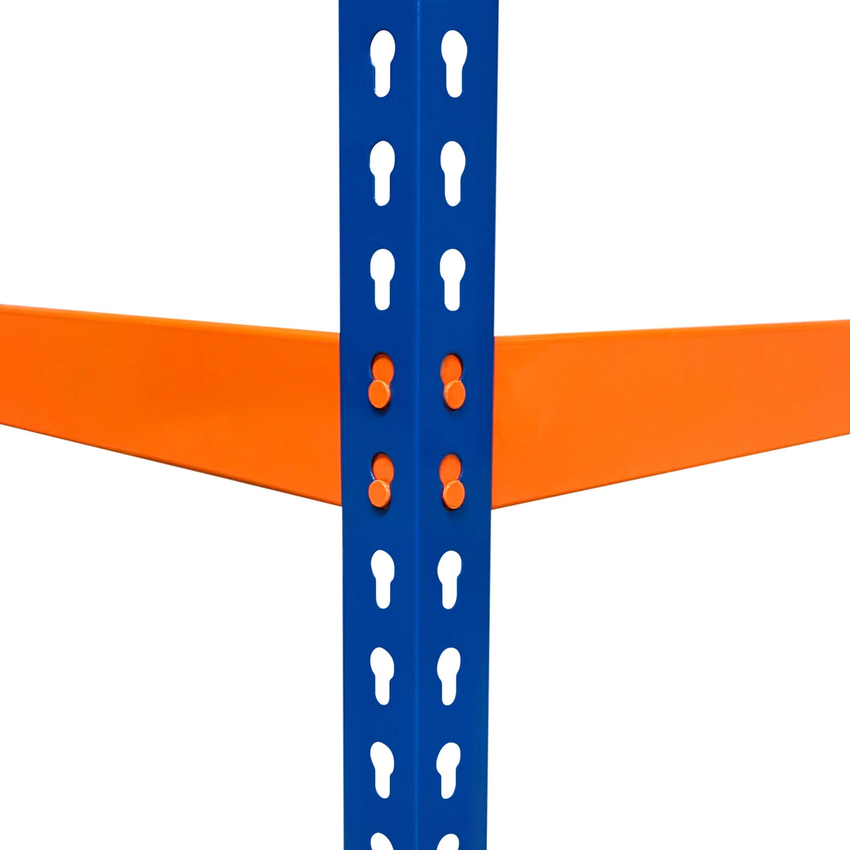 Bright orange shelf supported by a sturdy blue metal frame, featuring multiple holes for adjustable height, ideal for S-Rax workbench