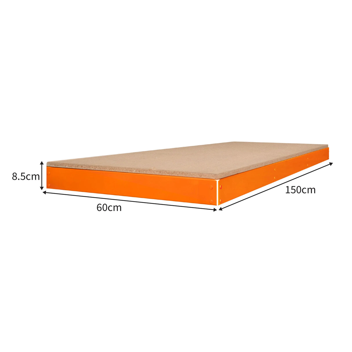 S-Rax workbench additional shelf in orange, measuring 150cm x 60cm, features a sturdy particleboard surface, 8.5cm high
