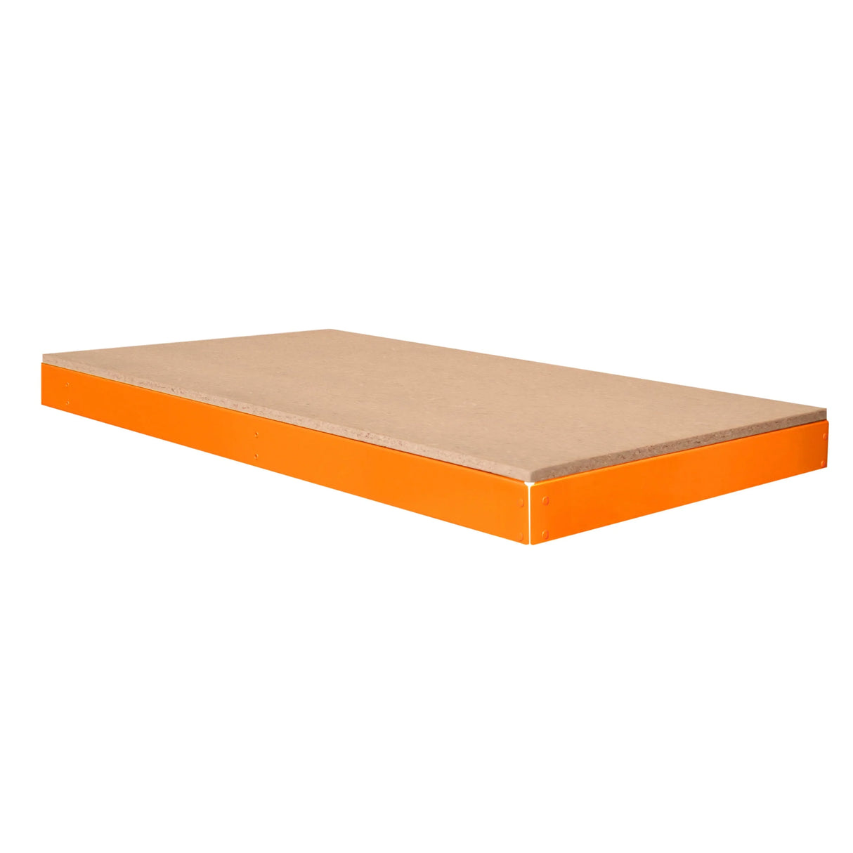 S-Rax workbench additional shelf in orange and natural wood finish, measuring 120cm x 60cm, designed for sturdy storage solutions