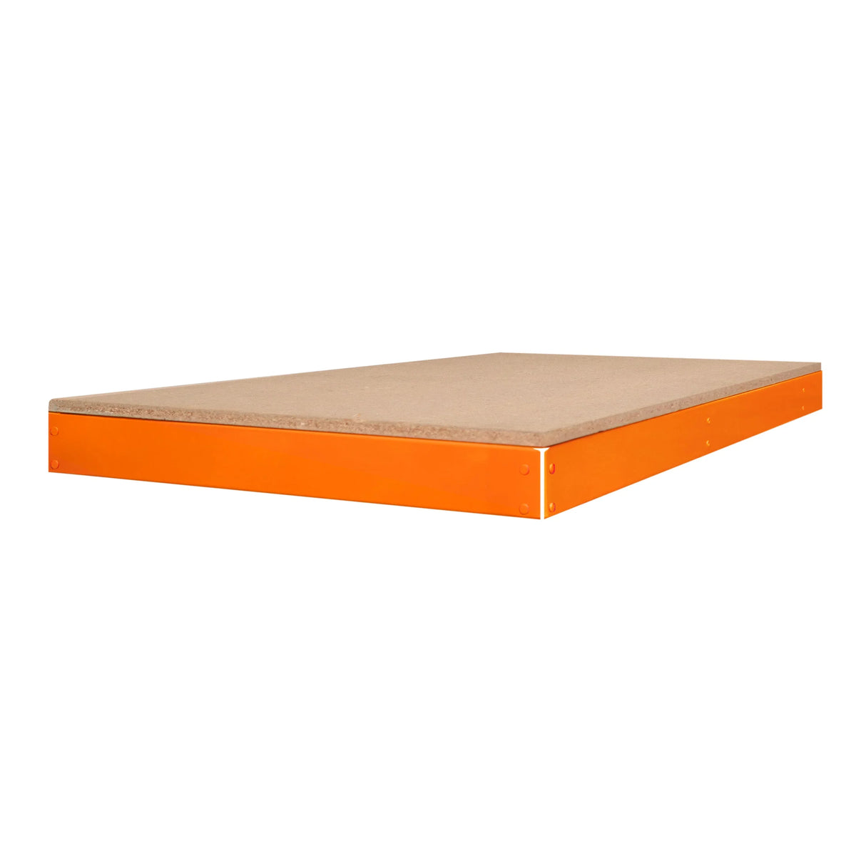 S-Rax workbench additional shelf in orange and natural wood, 120cm x 60cm, featuring a sturdy, flat surface for versatile storage