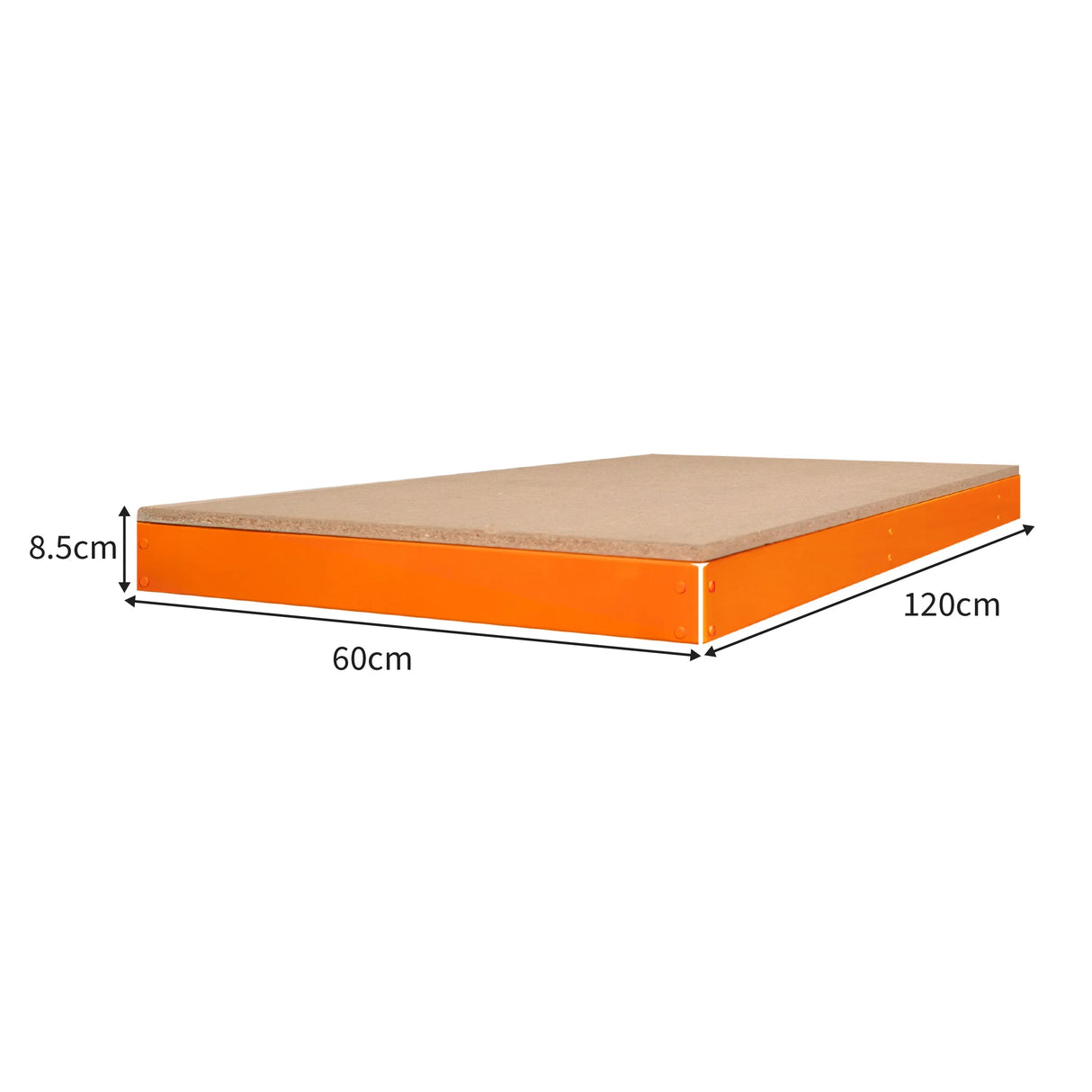 S-Rax workbench additional shelf in orange, measuring 120cm x 60cm, features a sturdy, smooth surface with a height of 8.5cm