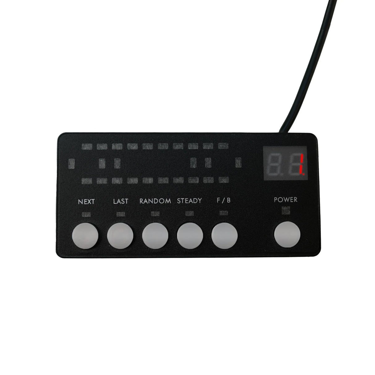 Control panel for Amber Recovery Light, featuring black surface, five white buttons, and a digital display for settings adjustment